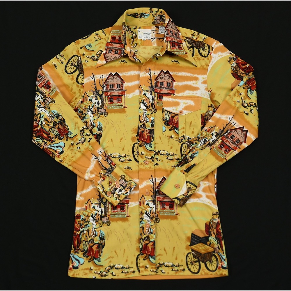 VTG Martini 70s Shirt Mens S Yellow Disco Dagger Collar Old World Folk Music
